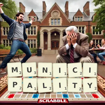 Creative illustration for a Scrabble game with the word MUNICIPALITY spelled out in tiles on the board.