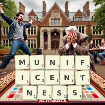 Creative illustration for a Scrabble game with the word MUNIFICENTNESS spelled out in tiles on the board.