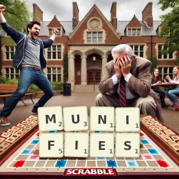 Creative illustration for a Scrabble game with the word MUNIFIES spelled out in tiles on the board.