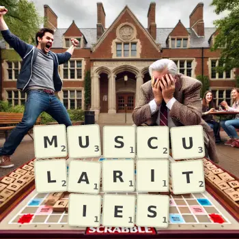 Creative illustration for a Scrabble game with the word MUSCULARITIES spelled out in tiles on the board.