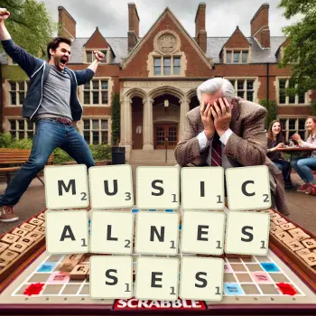 Creative illustration for a Scrabble game with the word MUSICALNESSES spelled out in tiles on the board.