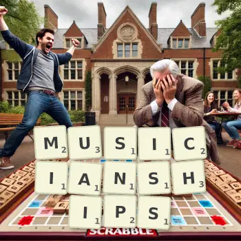 Creative illustration for a Scrabble game with the word MUSICIANSHIPS spelled out in tiles on the board.