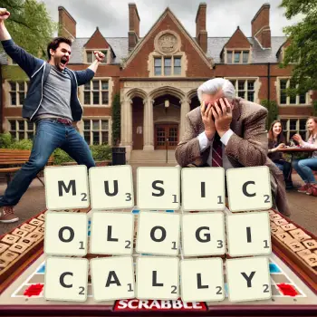 Creative illustration for a Scrabble game with the word MUSICOLOGICALLY spelled out in tiles on the board.