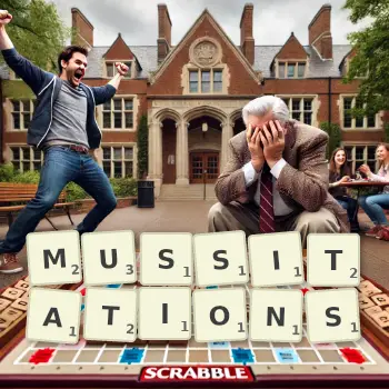 Creative illustration for a Scrabble game with the word MUSSITATIONS spelled out in tiles on the board.
