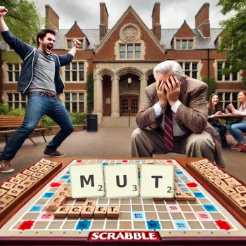 Creative illustration for a Scrabble game with the word MUT spelled out in tiles on the board.