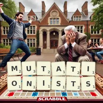 Creative illustration for a Scrabble game with the word MUTATIONISTS spelled out in tiles on the board.