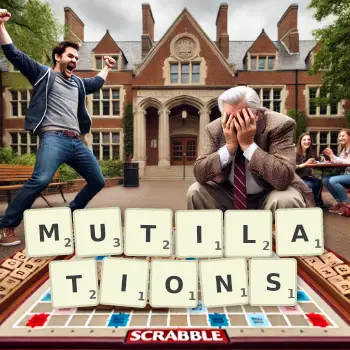 Creative illustration for a Scrabble game with the word MUTILATIONS spelled out in tiles on the board.