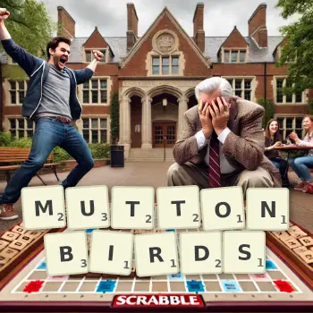 Creative illustration for a Scrabble game with the word MUTTONBIRDS spelled out in tiles on the board.