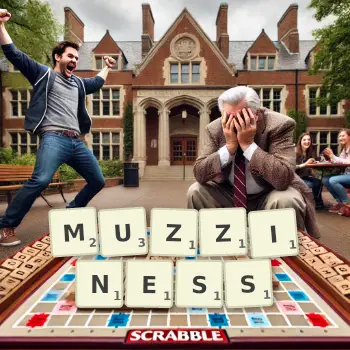 Creative illustration for a Scrabble game with the word MUZZINESS spelled out in tiles on the board.