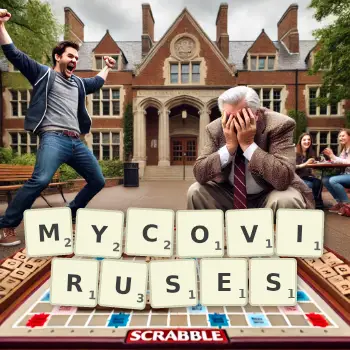 Creative illustration for a Scrabble game with the word MYCOVIRUSES spelled out in tiles on the board.