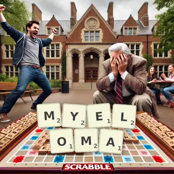 Creative illustration for a Scrabble game with the word MYELOMA spelled out in tiles on the board.