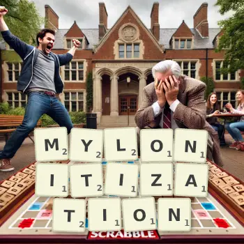 Creative illustration for a Scrabble game with the word MYLONITIZATION spelled out in tiles on the board.