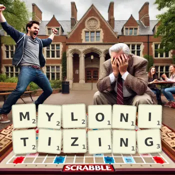 Creative illustration for a Scrabble game with the word MYLONITIZING spelled out in tiles on the board.