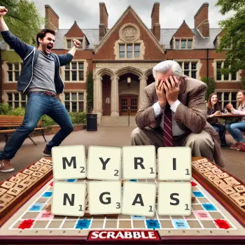 Creative illustration for a Scrabble game with the word MYRINGAS spelled out in tiles on the board.