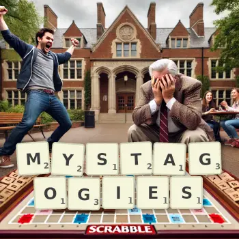 Creative illustration for a Scrabble game with the word MYSTAGOGIES spelled out in tiles on the board.