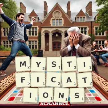 Creative illustration for a Scrabble game with the word MYSTIFICATIONS spelled out in tiles on the board.