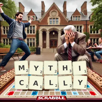 Creative illustration for a Scrabble game with the word MYTHICALLY spelled out in tiles on the board.