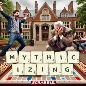 Creative illustration for a Scrabble game with the word MYTHICIZING spelled out in tiles on the board.