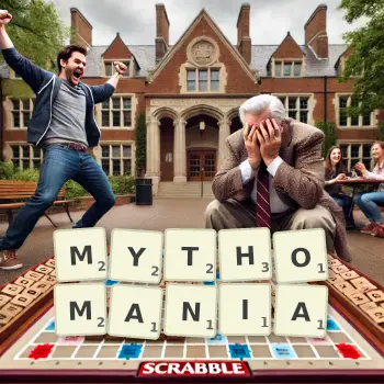 Creative illustration for a Scrabble game with the word MYTHOMANIA spelled out in tiles on the board.