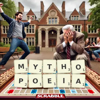 Creative illustration for a Scrabble game with the word MYTHOPOEIA spelled out in tiles on the board.
