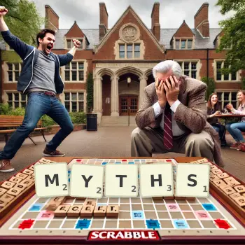 Creative illustration for a Scrabble game with the word MYTHS spelled out in tiles on the board.