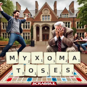 Creative illustration for a Scrabble game with the word MYXOMATOSES spelled out in tiles on the board.