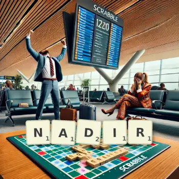 Creative illustration for a Scrabble game with the word NADIR spelled out in tiles on the board.