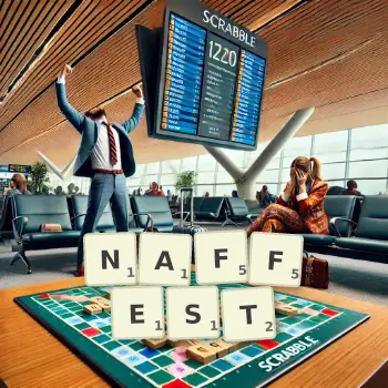 Creative illustration for a Scrabble game with the word NAFFEST spelled out in tiles on the board.