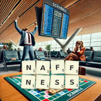 Creative illustration for a Scrabble game with the word NAFFNESS spelled out in tiles on the board.