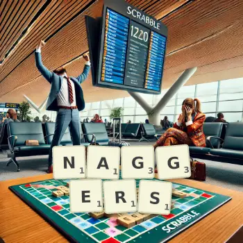 Creative illustration for a Scrabble game with the word NAGGERS spelled out in tiles on the board.