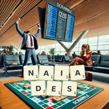 Creative illustration for a Scrabble game with the word NAIADES spelled out in tiles on the board.