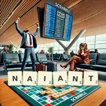 Creative illustration for a Scrabble game with the word NAIANT spelled out in tiles on the board.