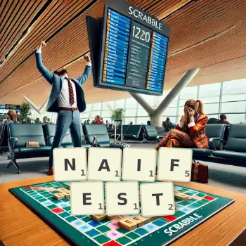Creative illustration for a Scrabble game with the word NAIFEST spelled out in tiles on the board.