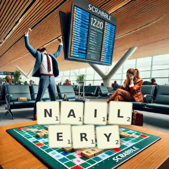 Creative illustration for a Scrabble game with the word NAILERY spelled out in tiles on the board.