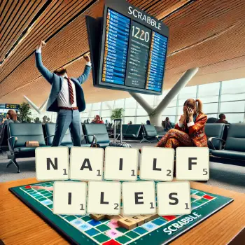 Creative illustration for a Scrabble game with the word NAILFILES spelled out in tiles on the board.
