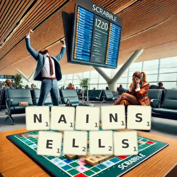 Creative illustration for a Scrabble game with the word NAINSELLS spelled out in tiles on the board.
