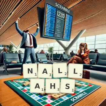 Creative illustration for a Scrabble game with the word NALLAHS spelled out in tiles on the board.