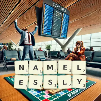 Creative illustration for a Scrabble game with the word NAMELESSLY spelled out in tiles on the board.