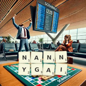 Creative illustration for a Scrabble game with the word NANNYGAI spelled out in tiles on the board.
