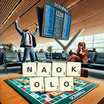Creative illustration for a Scrabble game with the word NAOKOLO spelled out in tiles on the board.