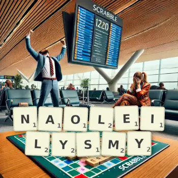 Creative illustration for a Scrabble game with the word NAOLEILYSMY spelled out in tiles on the board.