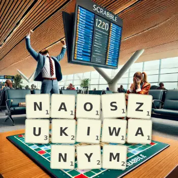 Creative illustration for a Scrabble game with the word NAOSZUKIWANYM spelled out in tiles on the board.