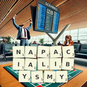 Creative illustration for a Scrabble game with the word NAPACIALIBYSMY spelled out in tiles on the board.