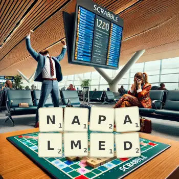 Creative illustration for a Scrabble game with the word NAPALMED spelled out in tiles on the board.