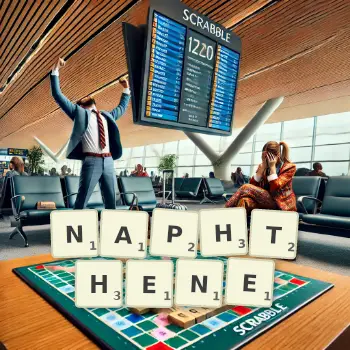 Creative illustration for a Scrabble game with the word NAPHTHENE spelled out in tiles on the board.