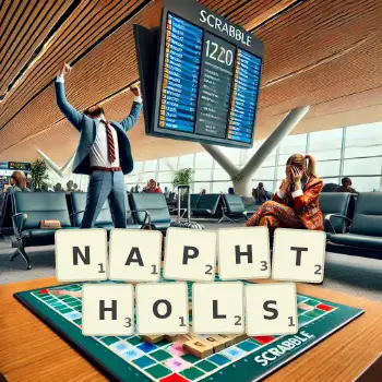 Creative illustration for a Scrabble game with the word NAPHTHOLS spelled out in tiles on the board.