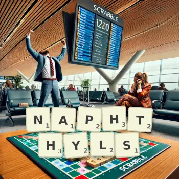 Creative illustration for a Scrabble game with the word NAPHTHYLS spelled out in tiles on the board.