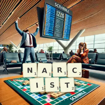 Creative illustration for a Scrabble game with the word NARCIST spelled out in tiles on the board.