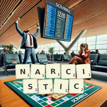 Creative illustration for a Scrabble game with the word NARCISTIC spelled out in tiles on the board.
