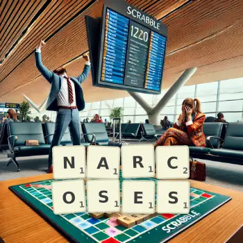 Creative illustration for a Scrabble game with the word NARCOSES spelled out in tiles on the board.